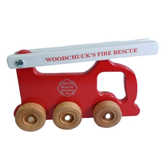 Woodchucks Fire Rescue Truck Station 13 Wood Vehicle 10" Length Wooden FIRETRUCK - Picture 8 of 9